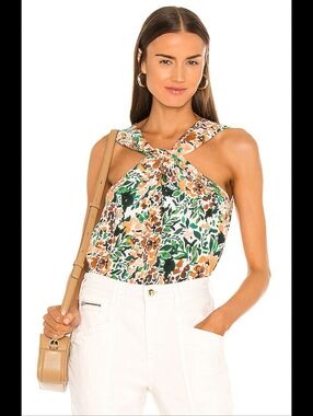 Joie Floral Twist-Halter Silk Top Cream Base With Floral Print Sz Large